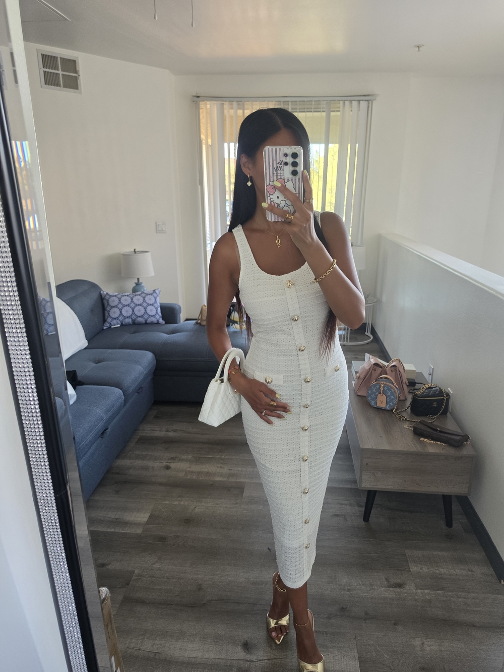 Classic White Button-Front Tweed Midi Dress - Picture 5 of 16